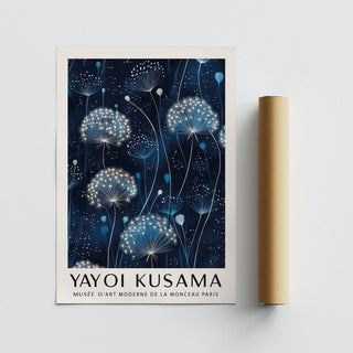 Delicate white dandelions shown in abstract blue and white wall art