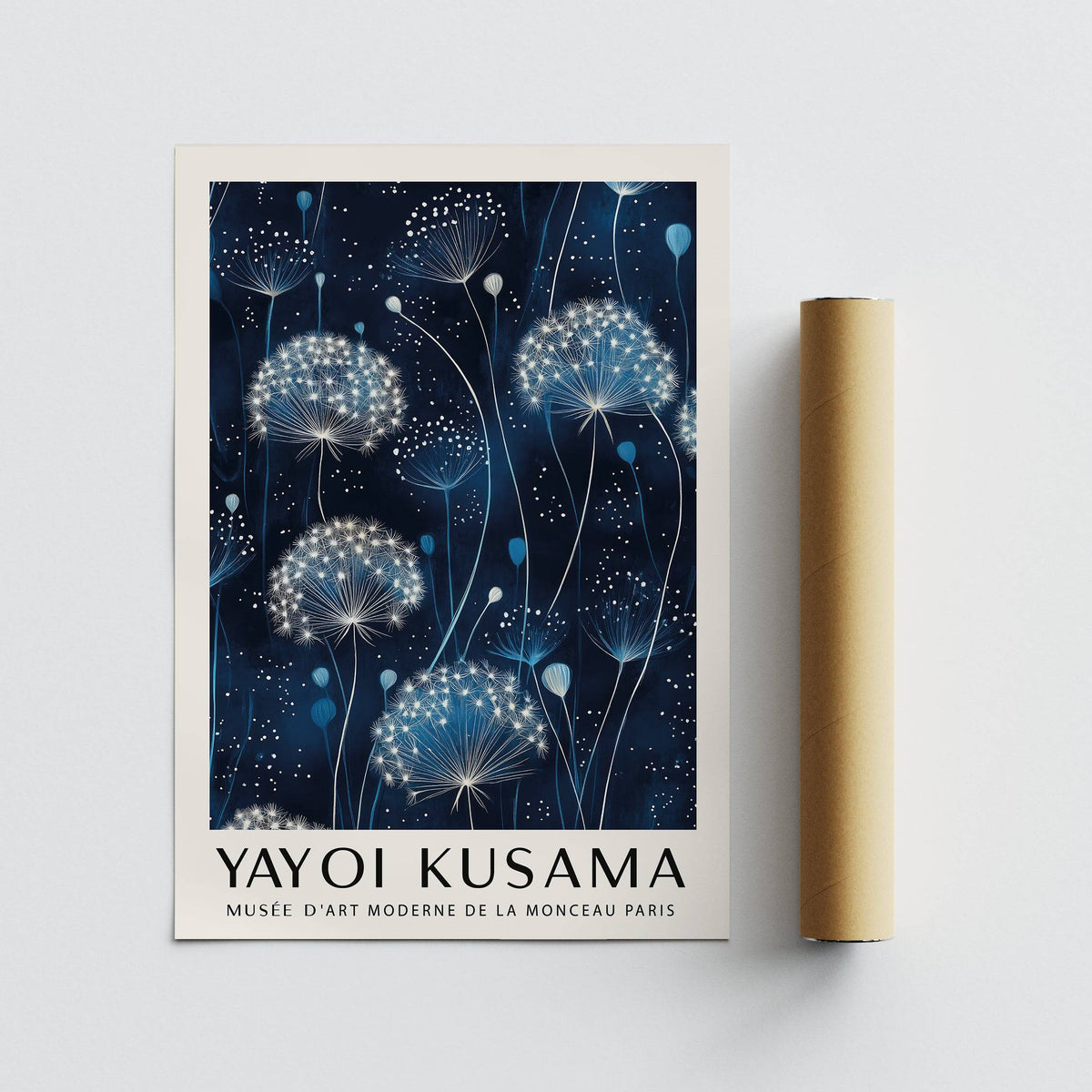 Delicate white dandelions shown in abstract blue and white wall art