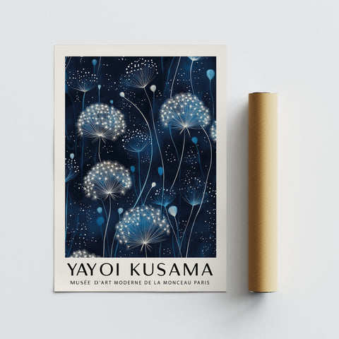 Japandi-style artwork featuring dandelions and polka dots
