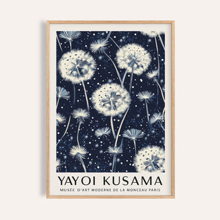 Living Room Prints featuring dandelion seed heads illustration in white on a navy blue background with text below