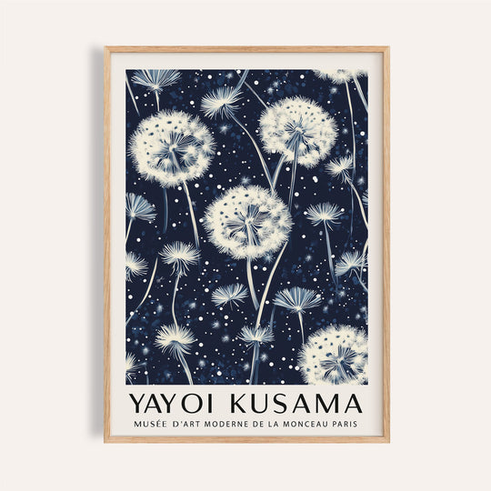 Living room prints featuring white dandelions on deep blue background