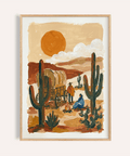 Desert Wagon Art Print with blue, green, orange, and brown in a living room wall art