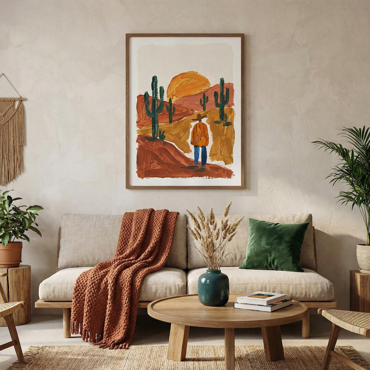 Cozy living room with a beige sofa, wooden coffee table, and wall art of a desert scene.