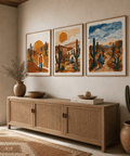 Desert Wall Art set of 3 of three prints with cacti and sunset imagery.
