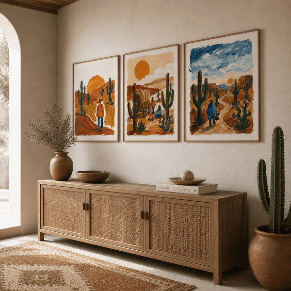 Desert Wall Art set of 3 of three prints with cacti and sunset imagery.