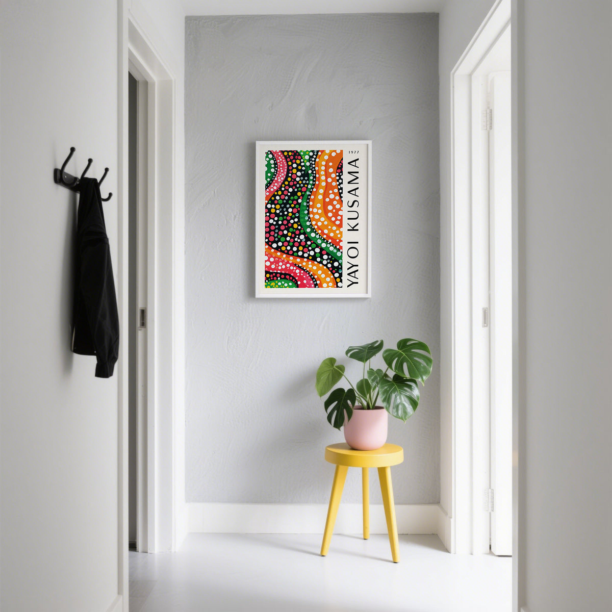 Yayoi Kusama abstract design with vibrant colours and bold patterns for living room decor.