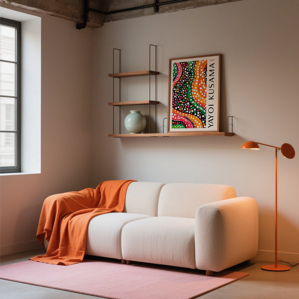 Living room bold colored wall art inspired by Yayoi Kusama