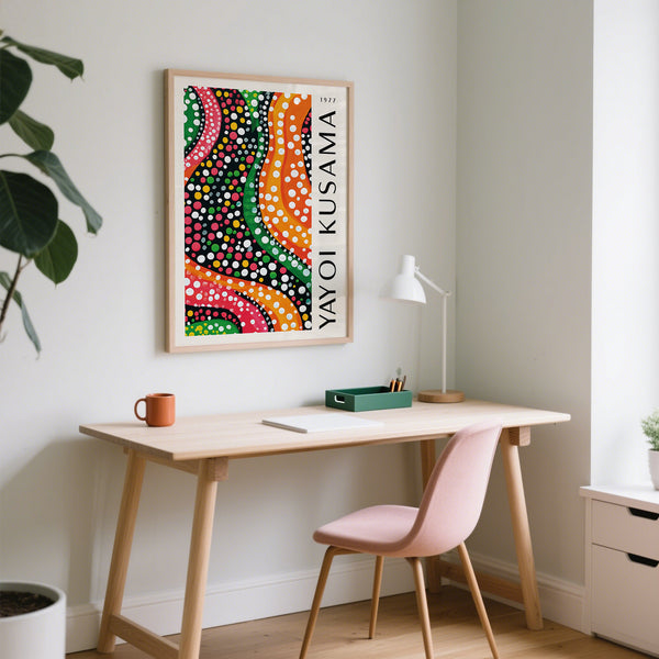 Abstract Yayoi Kusama dots print featuring dynamic polka dot waves