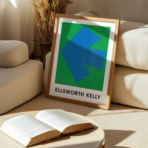 Contemporary art print with bold blue and green shapes
