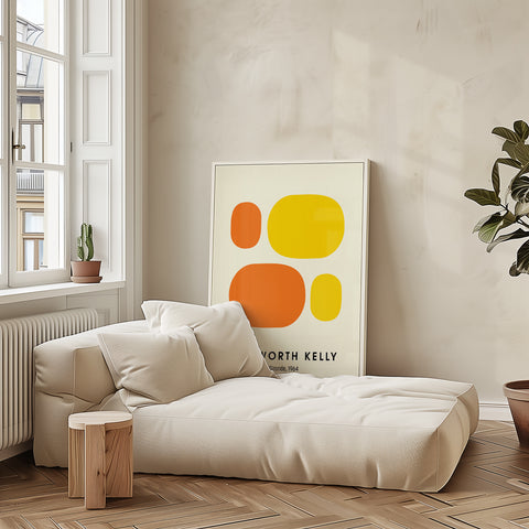 Vibrant abstract geometric print in orange and yellow for minimalist interiors