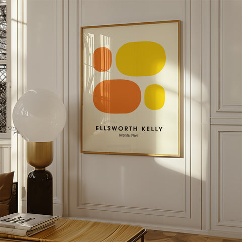 Contemporary minimalist wall art featuring orange and yellow shapes for modern decor