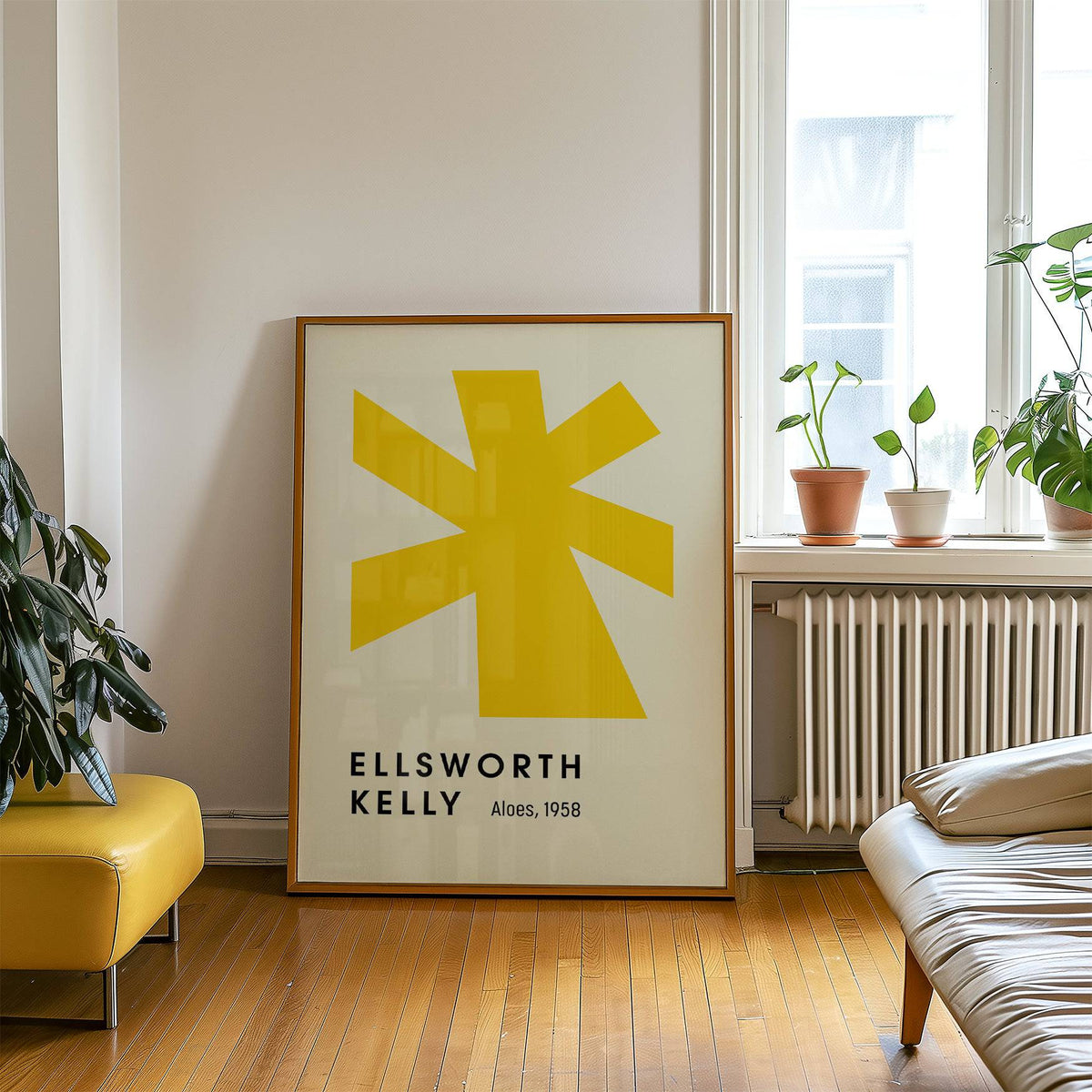 Bright yellow element featured in large minimalist wall art print

