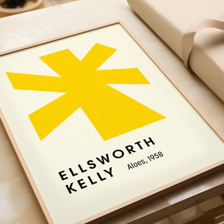 Large minimalist wall art print with yellow abstract shape for office

