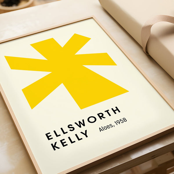 Large minimalist wall art print with yellow abstract shape for office

