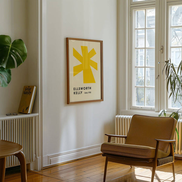 Cream and yellow large minimalist wall art with abstract geometry

