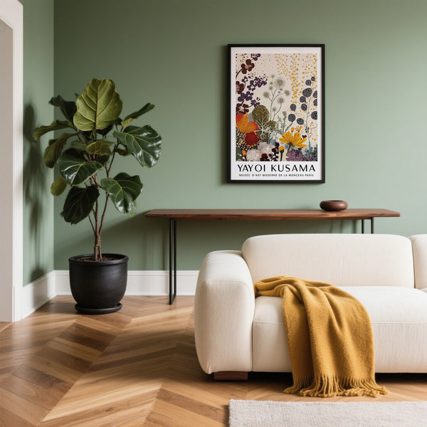 Abstract garden Print Yayoi Kusama with dotted textures and sage green foliage