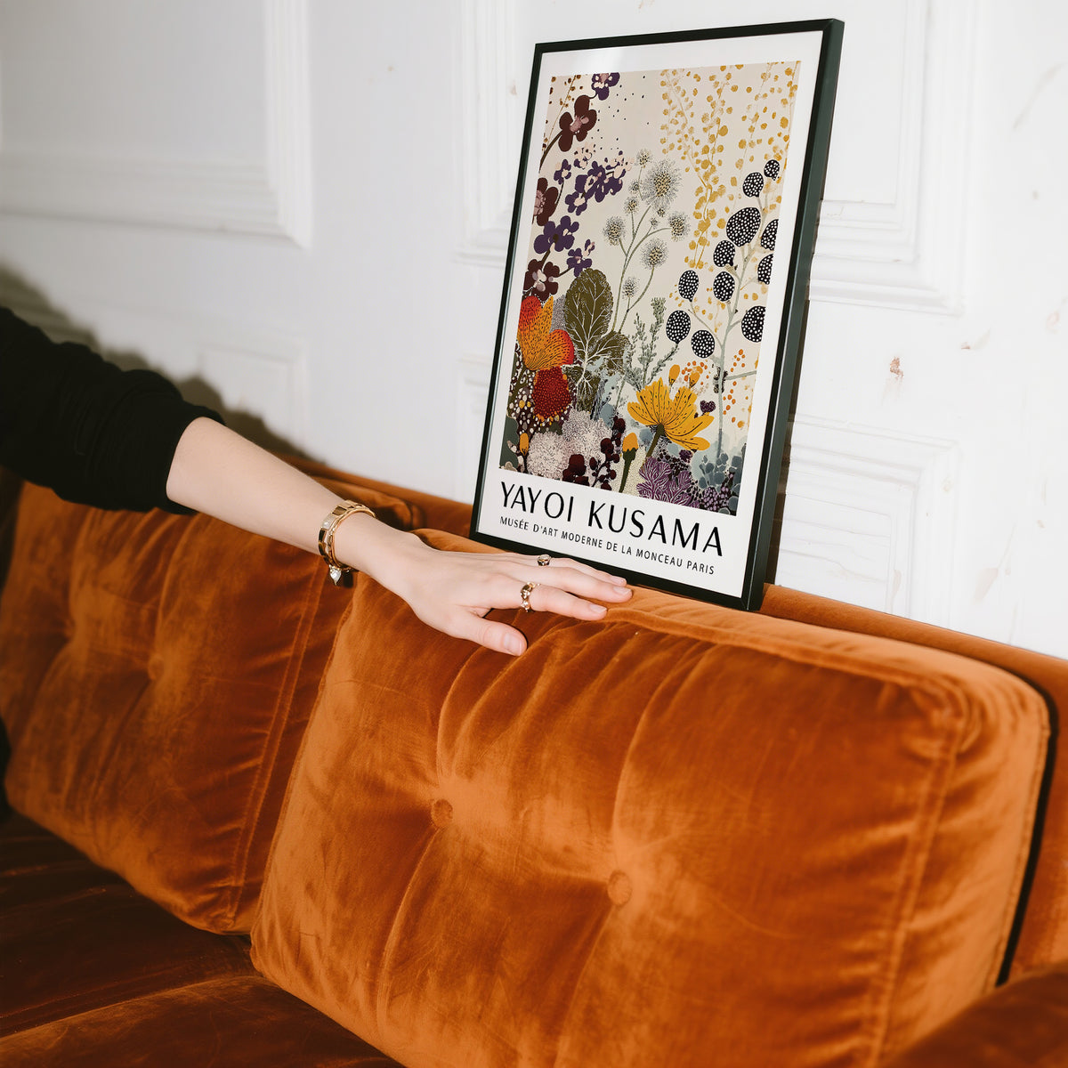 Graphic floral Print Yayoi Kusama in rust, plum, and sage for living rooms