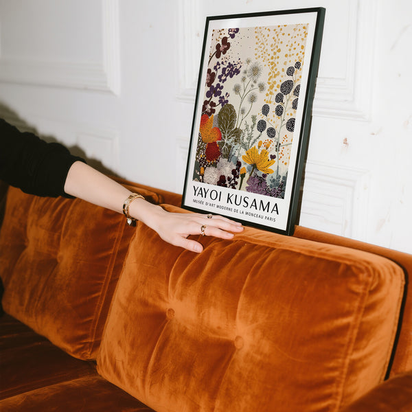 Graphic floral Print Yayoi Kusama in rust, plum, and sage for living rooms