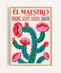 Vintage Mexican Wall Art with green cactus and pink flowers for living room décor