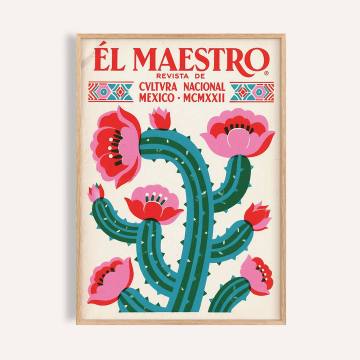 Vintage Mexican Wall Art with green cactus and pink flowers for living room décor