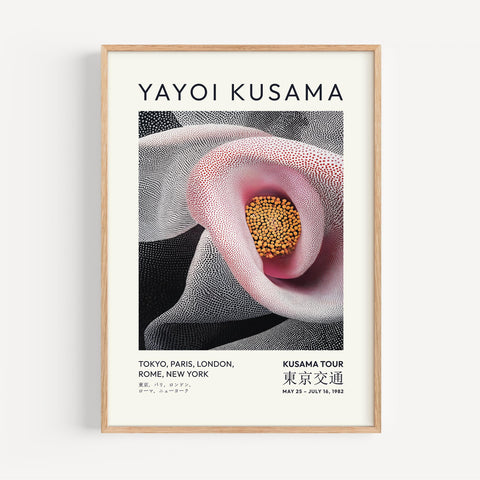 Yayoi Kusama floral wall art featuring intricate dot patterns
