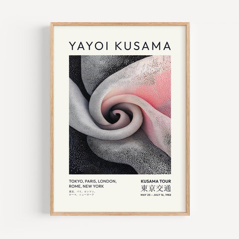 Yayoi Kusama flower art print with hypnotic spiral design in pink, grey, and black tones
