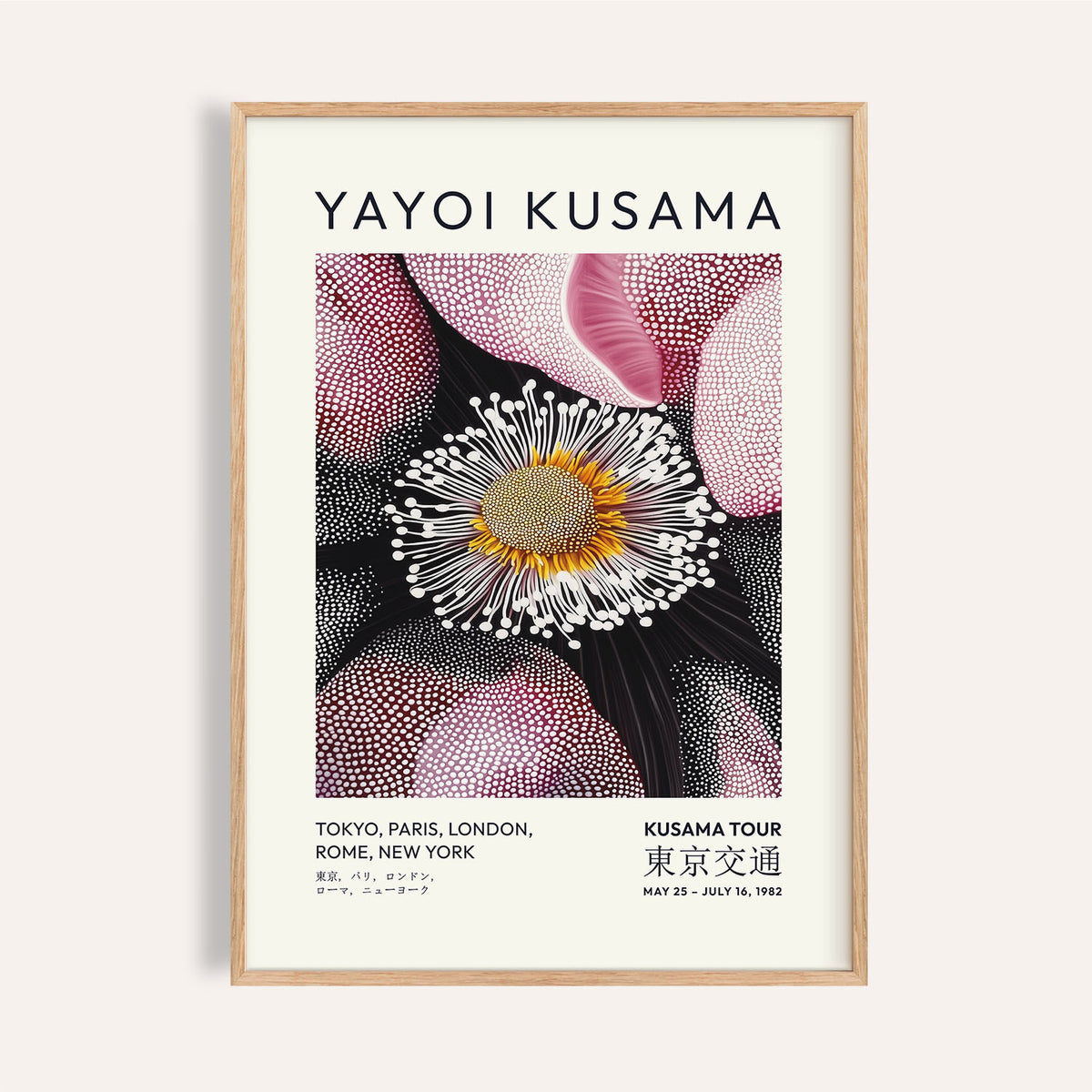 Kusama-inspired floral pictures living room wall art in pink and yellow