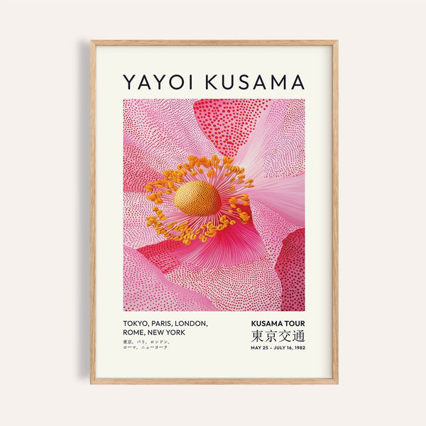 Pink floral wall art with dotted Yayoi Kusama-inspired design