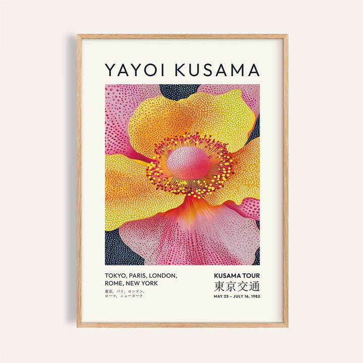 Floral art prints with pink and yellow abstract Kusama-style flower