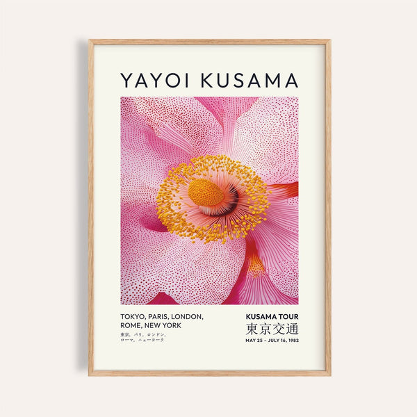 Vibrant abstract pink wall art featuring Yayoi Kusama floral design