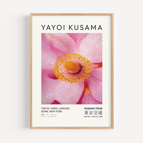 Contemporary Japanese flower art print in pink and yellow tones, ideal for minimalist interiors
