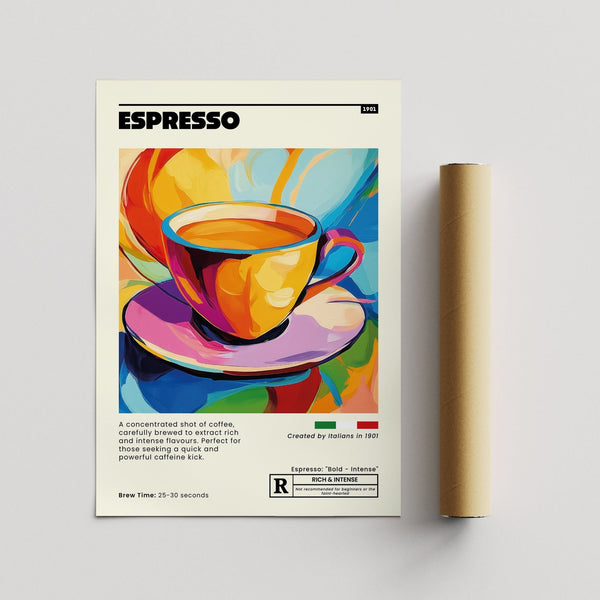 Colorful espresso poster of a coffee cup with Italian 'Espresso' branding.