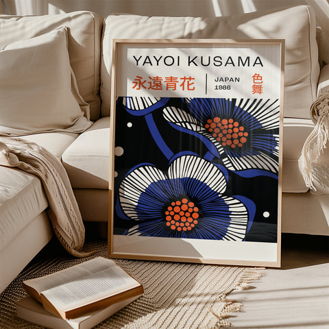 Japanese floral print in blue and black for minimalist and eclectic decor
