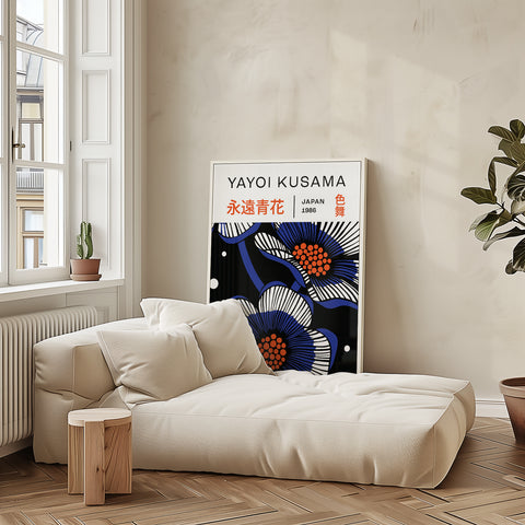 Japanese art wall print with bold blue flowers inspired by Yayoi Kusama

