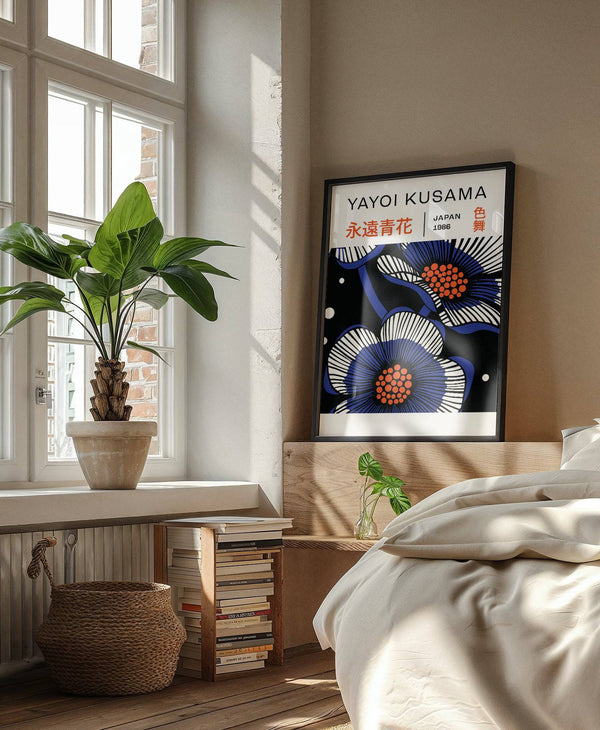 Blue flower poster with striking abstract botanical design