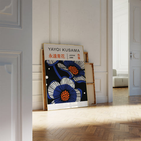 Yayoi Kusama-inspired floral wall art with intricate blue and black design
