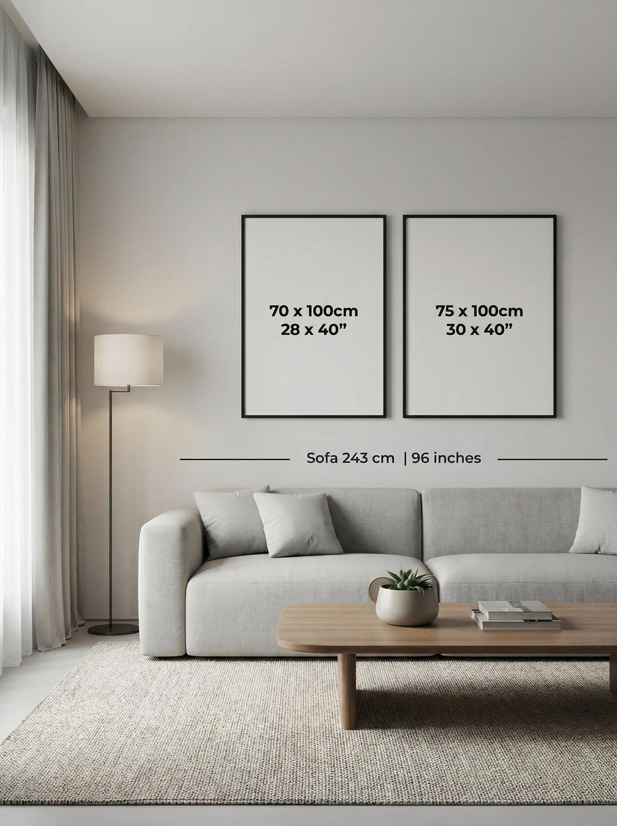Living room with gray sofa, wooden coffee table, and two framed pictures on the wall with size guide.