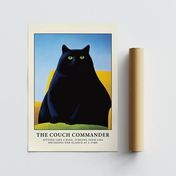 Whimsical cat funny poster featuring sleek design and strong contrasts
