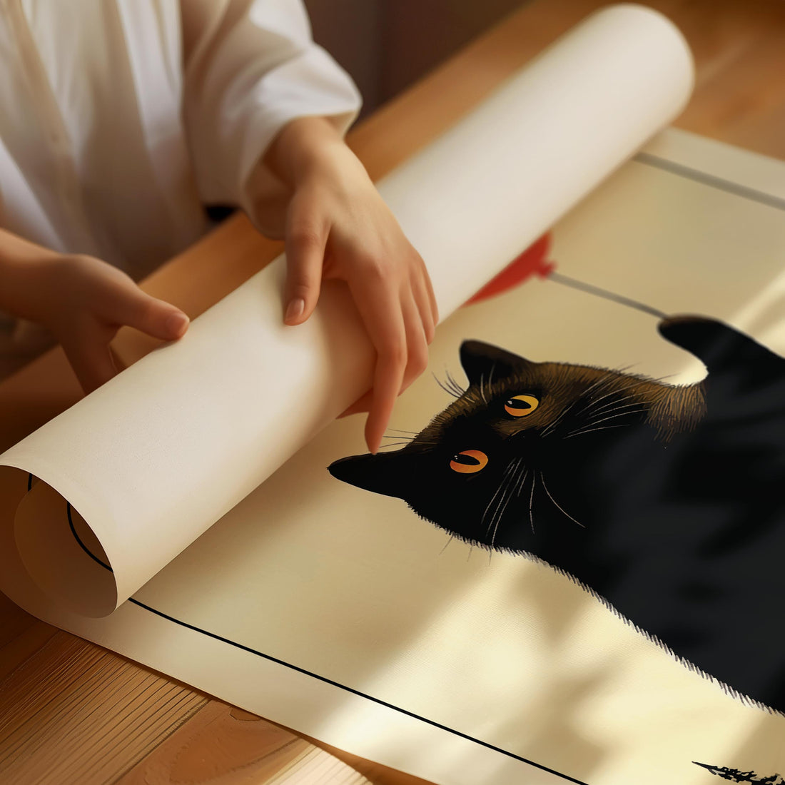 Hands unrolling a new art print of a black cat on a wooden table