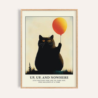 Framed Funny Cat Poster of a black cat holding an orange balloon against a soft sky background