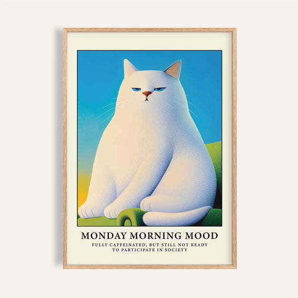 Blue and white cat poster wall print with grumpy feline for office decor

