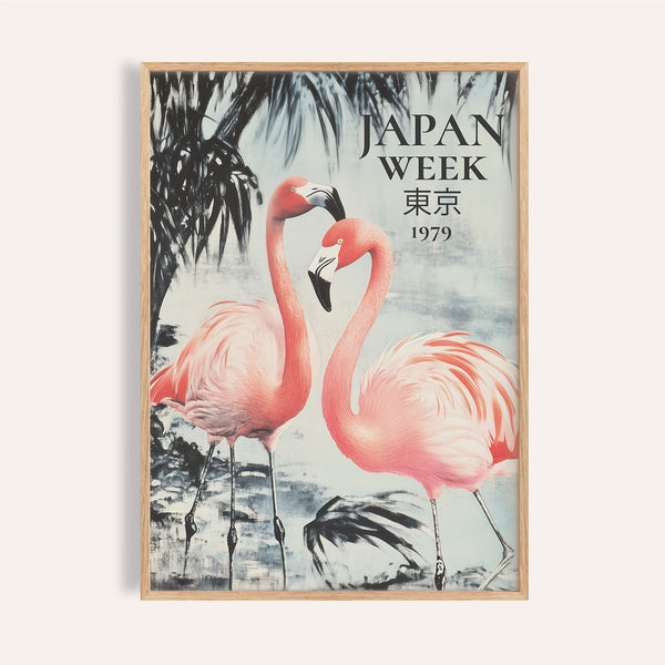 Traditional Japanese brushwork featured in prints of flamingos poster