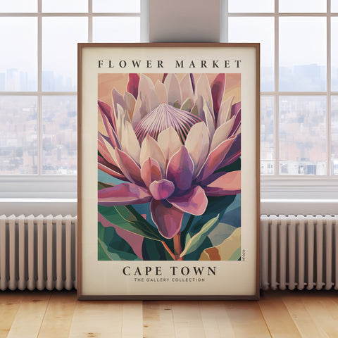 Cape Town Travel Poster featuring King Protea flower for bedroom and living room