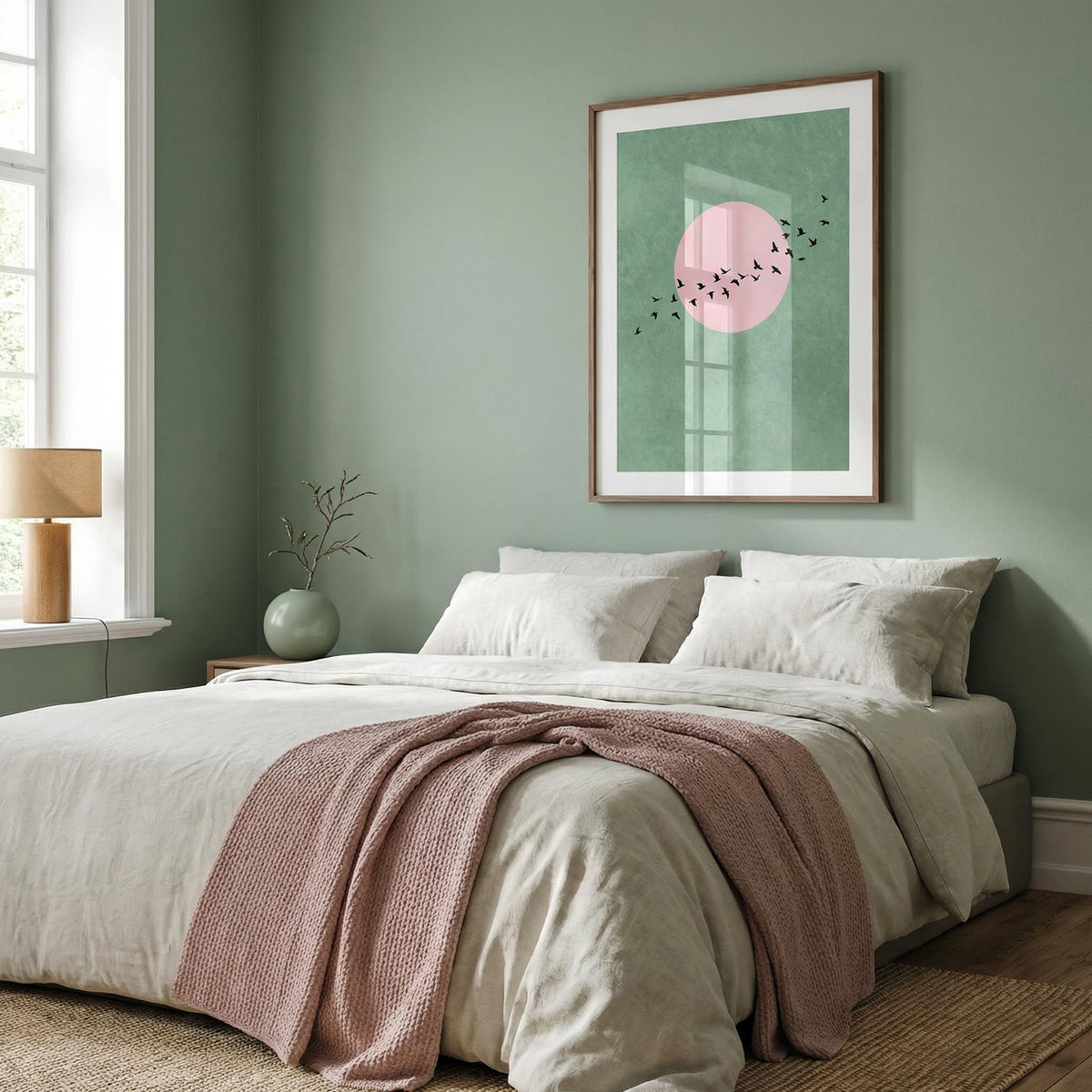 Bedroom with a bed, pink blanket, and framed artwork on a green wall.