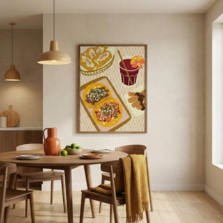 Dining room with a wooden table and chairs, a vase, and a colorful framed artwork on the wall.