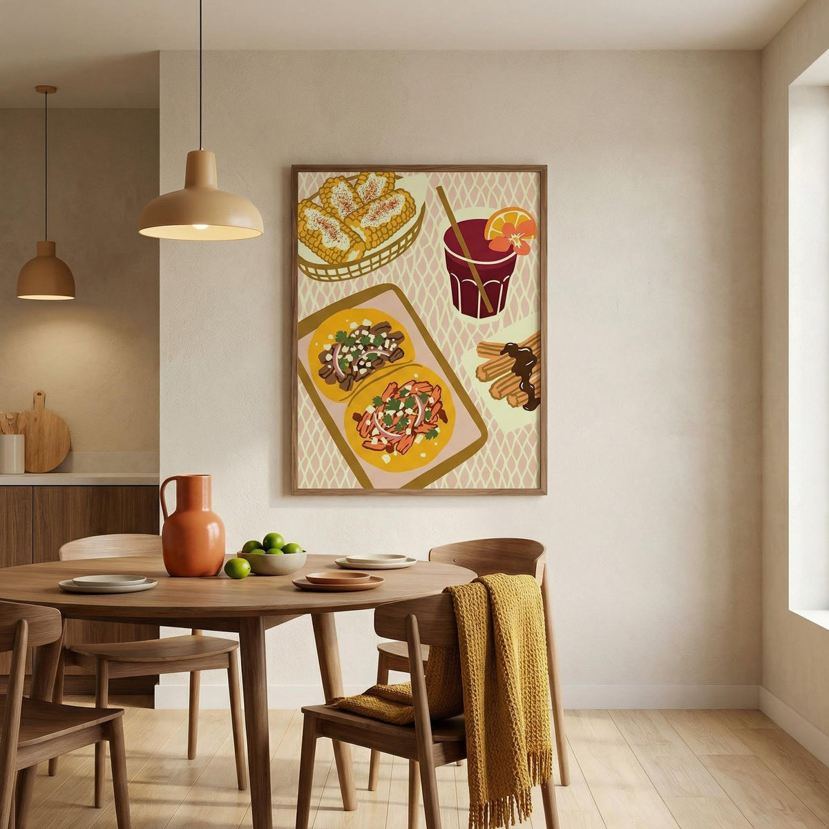 Dining room with a wooden table and chairs, a vase, and a colorful framed artwork on the wall.