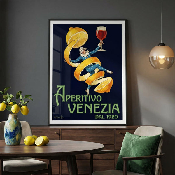 Framed Aperitivo Venezia poster in a living room setting with a table and chair.