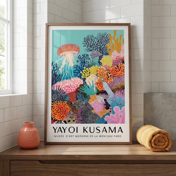 Framed Yayoi Kusama artwork on a wooden shelf with a vase and rolled fabric.