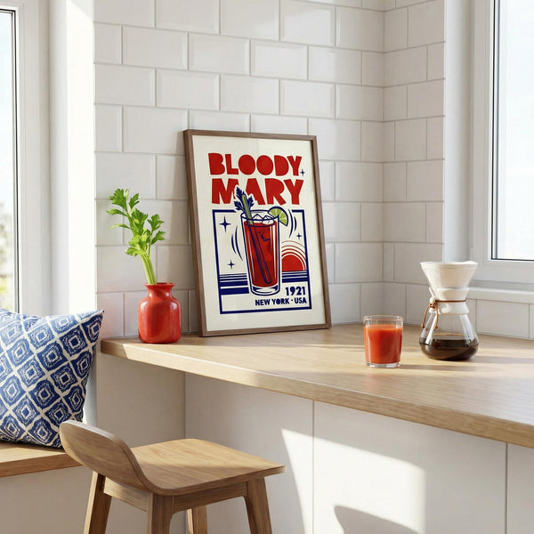 Framed 'Bloody Mary' poster on a kitchen wall with a glass of Bloody Mary and a Chemex coffee maker.