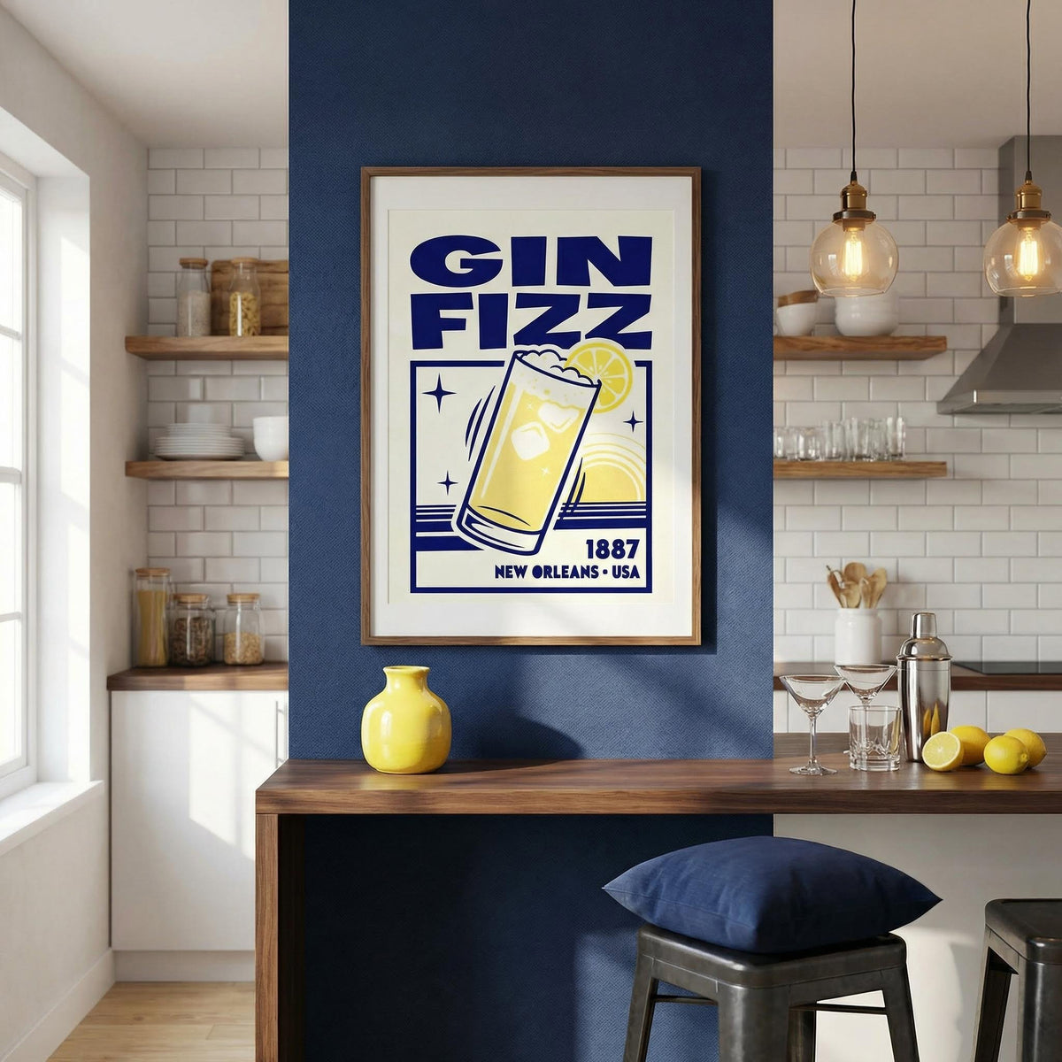Framed 'Gin Fizz' poster in a kitchen setting with a blue wall.